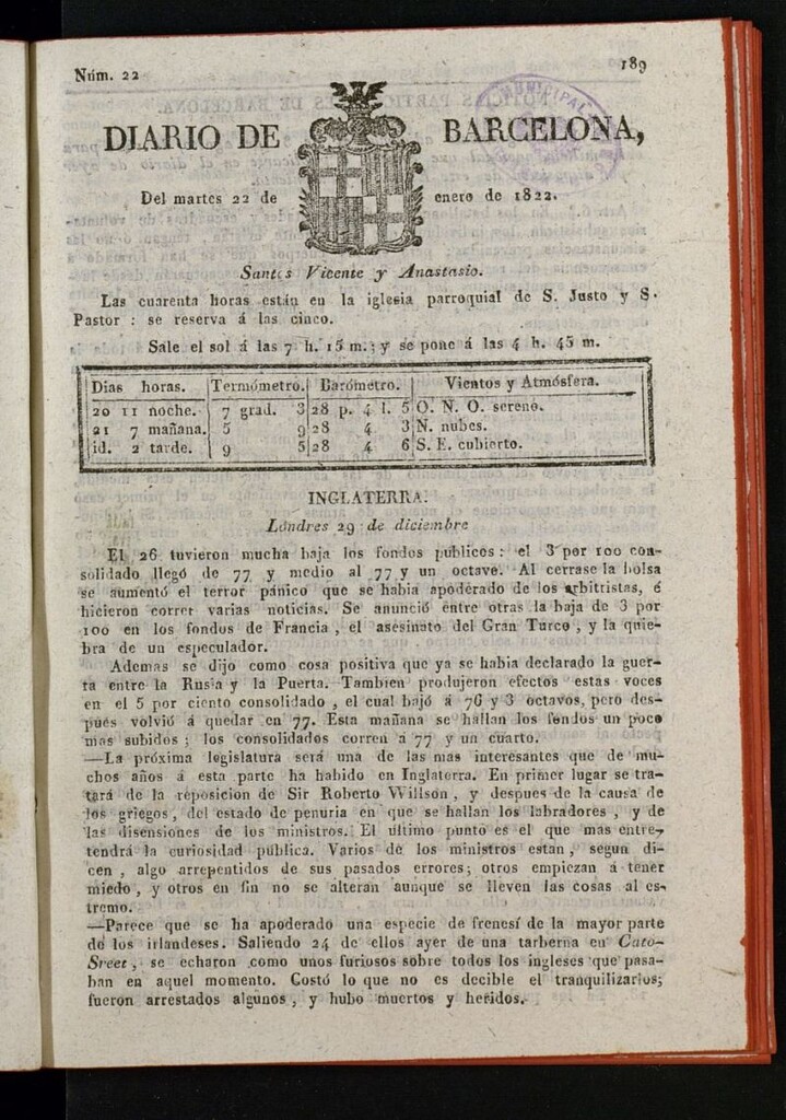 Miniatura de Diario de Barcelona del 22 de enero de 1822