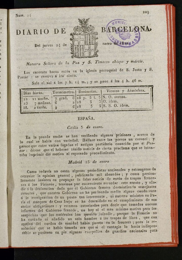 Miniatura de Diario de Barcelona del 24 de enero de 1822