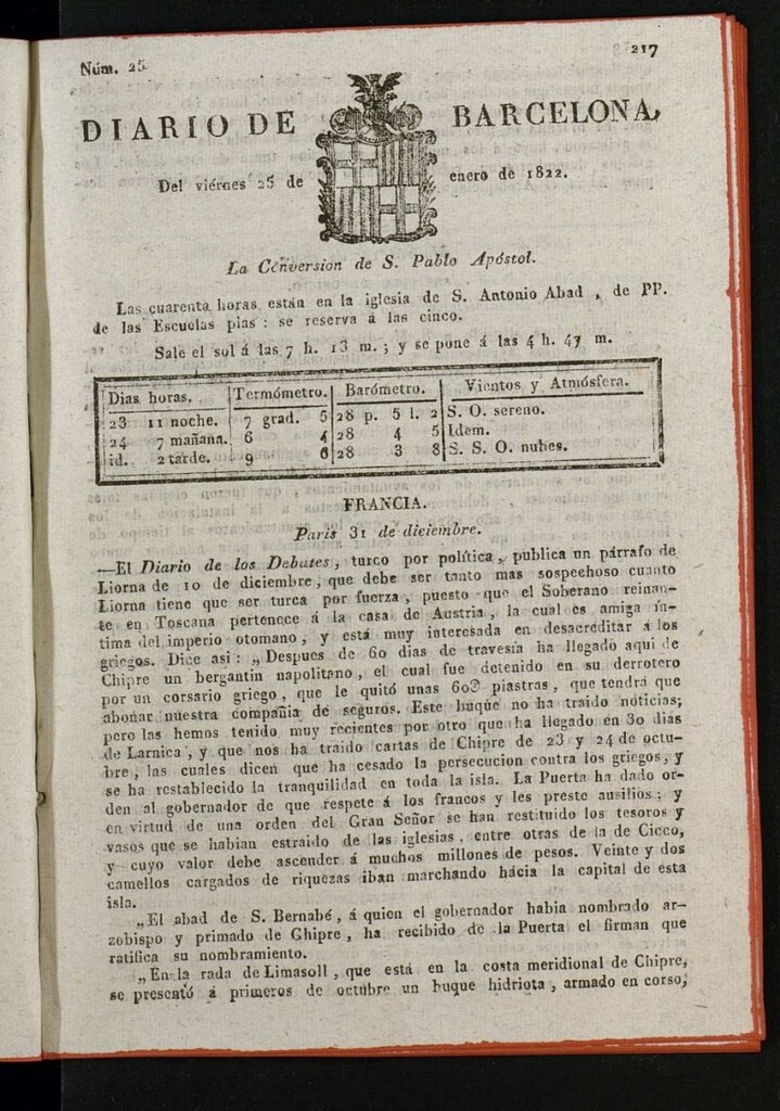 Miniatura de Diario de Barcelona del 25 de enero de 1822