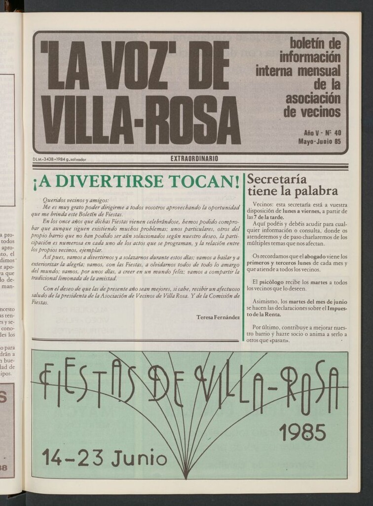 Miniatura de La Voz de Villa-Rosa: boletín informativo mensual de la asociación de vecinos, nº 40 de mayo-junio de 1985