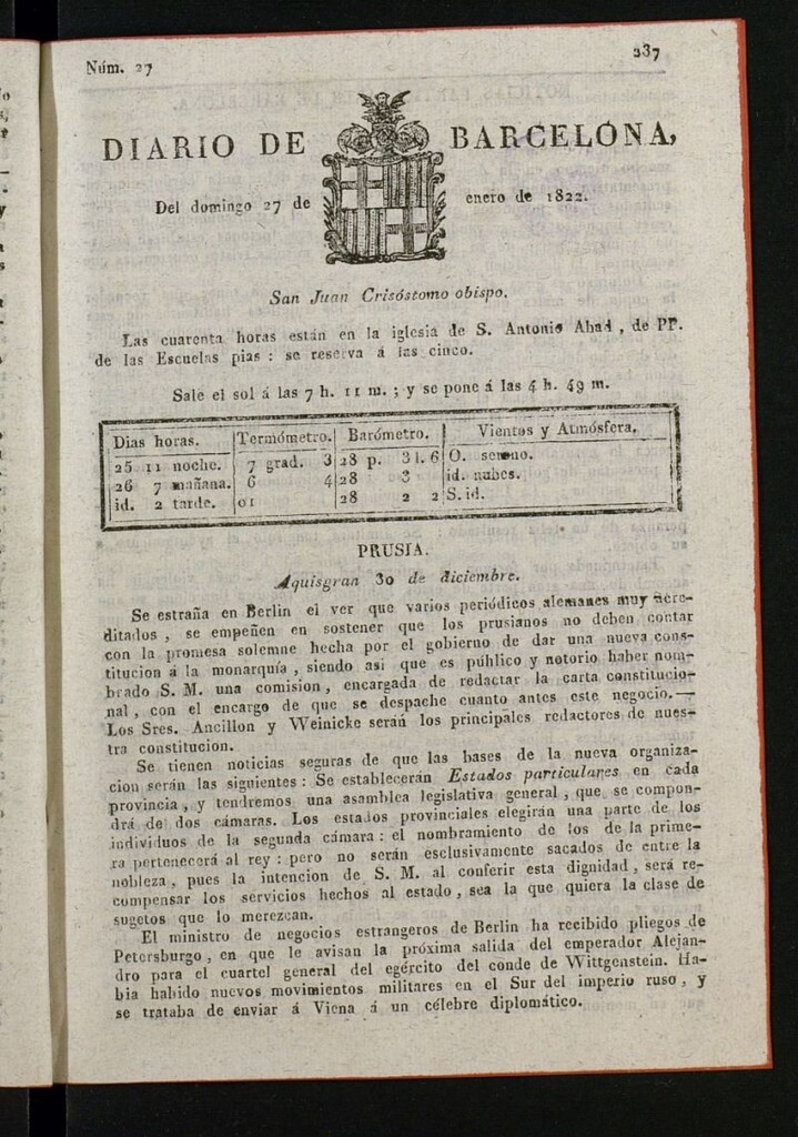 Miniatura de Diario de Barcelona del 27 de enero de 1822