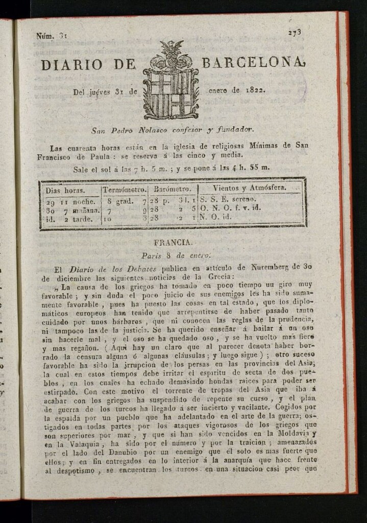 Miniatura de Diario de Barcelona del 31 de enero de 1822