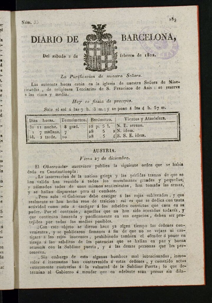 Miniatura de Diario de Barcelona del 2 de febrero de 1822