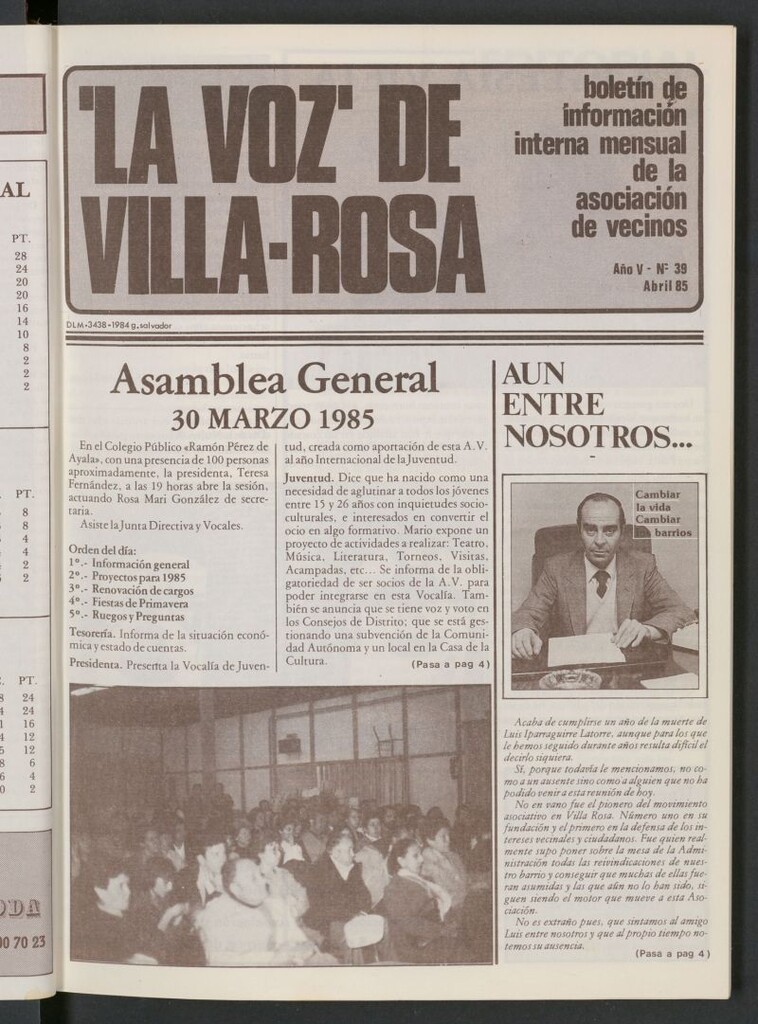 Miniatura de La Voz de Villa-Rosa: boletín informativo mensual de la asociación de vecinos, nº 39 de abril de 1985