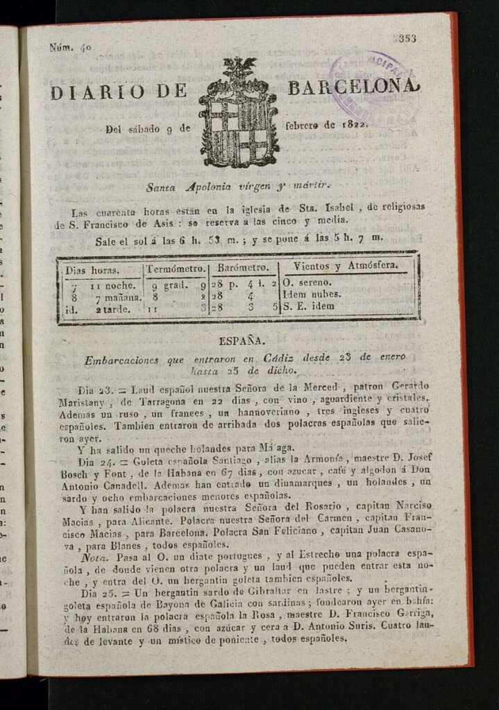 Miniatura de Diario de Barcelona del 9 de febrero de 1822