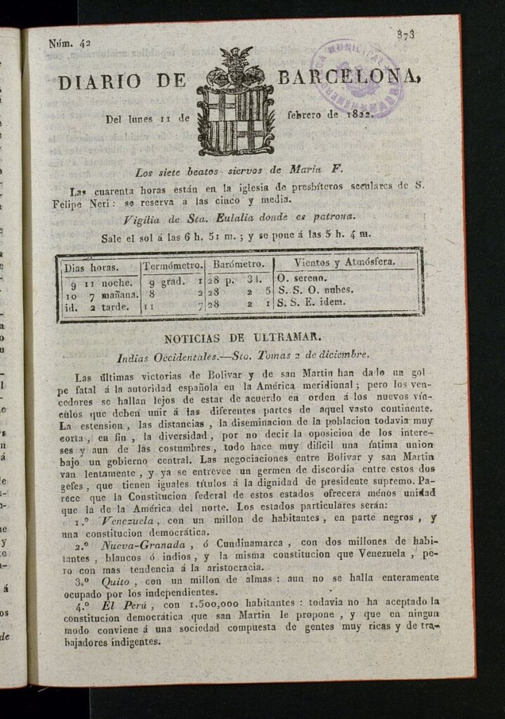 Miniatura de Diario de Barcelona del 11 de febrero de 1822