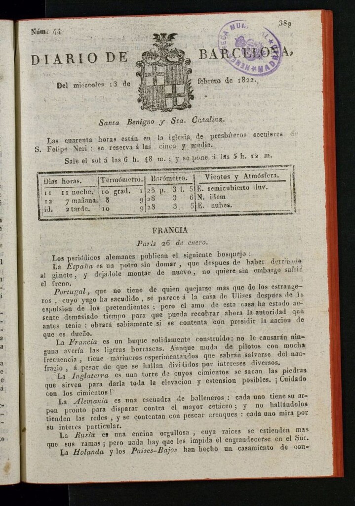 Miniatura de Diario de Barcelona del 13 de febrero de 1822