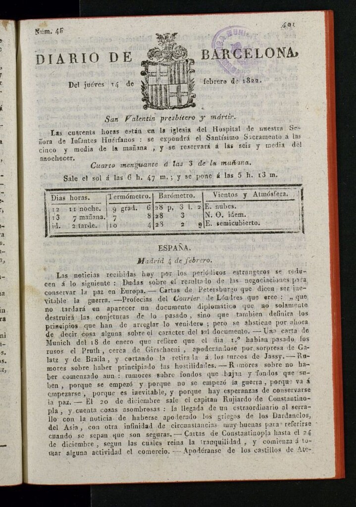 Miniatura de Diario de Barcelona del 14 de febrero de 1822
