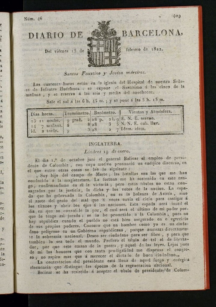 Miniatura de Diario de Barcelona del 15 de febrero de 1822