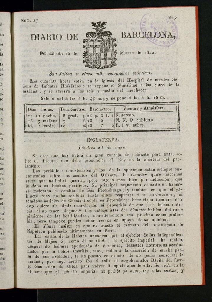 Miniatura de Diario de Barcelona del 16 de febrero de 1822
