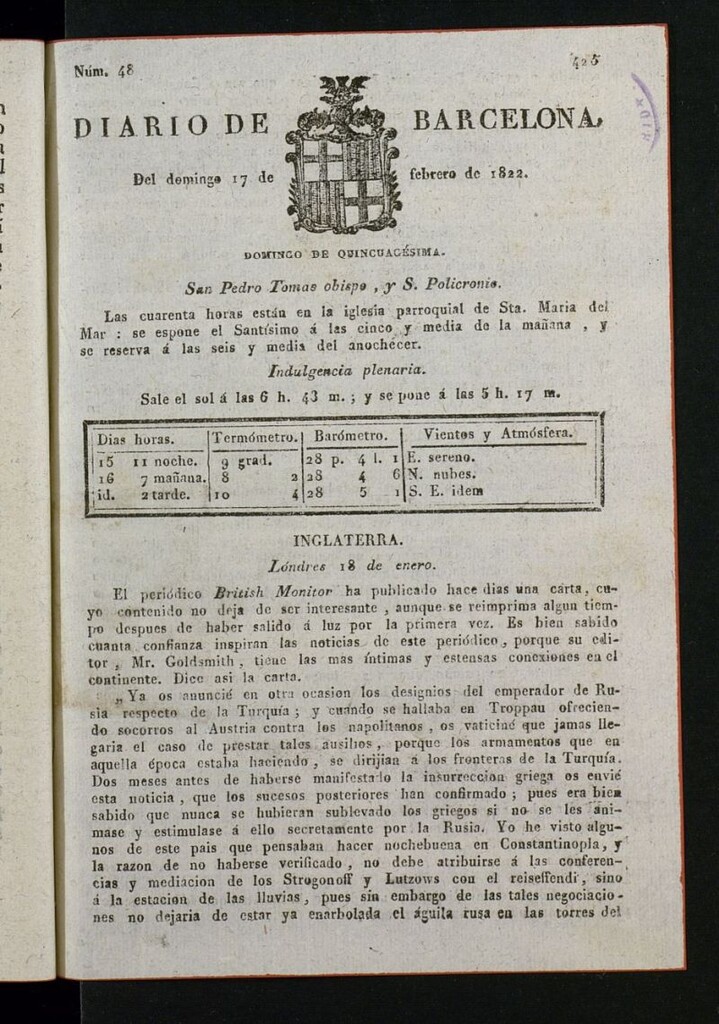 Miniatura de Diario de Barcelona del 17 de febrero de 1822