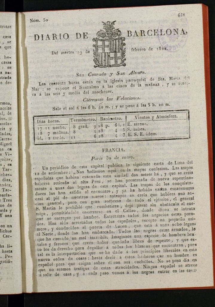 Miniatura de Diario de Barcelona del 19 de febrero de 1822