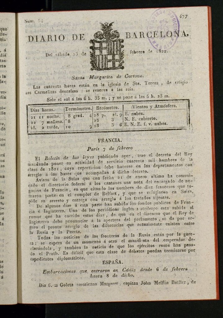 Miniatura de Diario de Barcelona del 23 de febrero de 1822