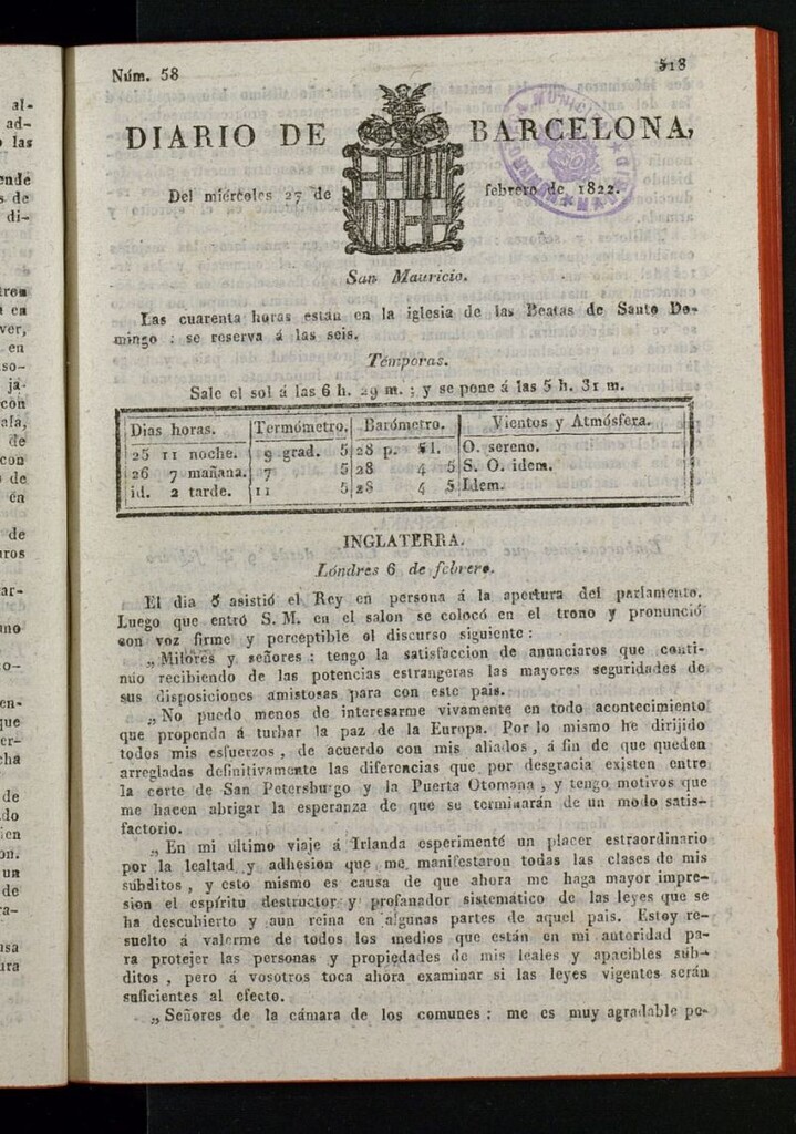 Miniatura de Diario de Barcelona del 27 de febrero de 1822