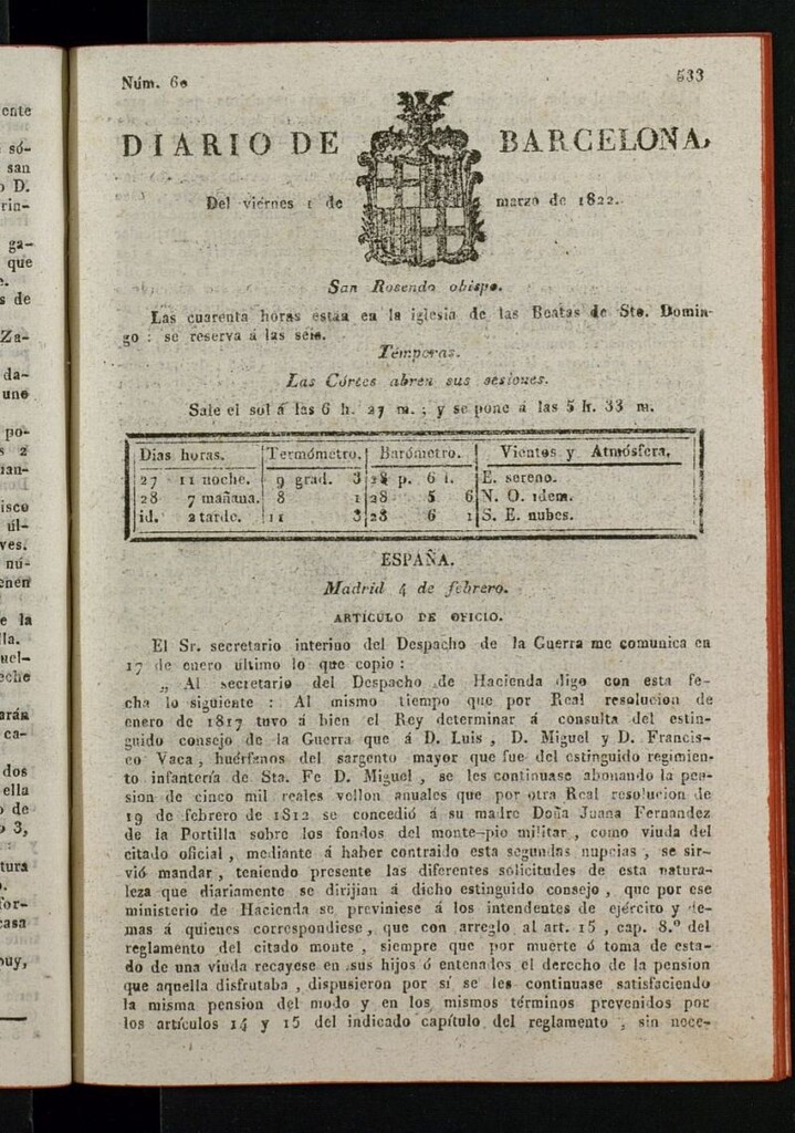 Miniatura de Diario de Barcelona del 1 de marzo de 1822