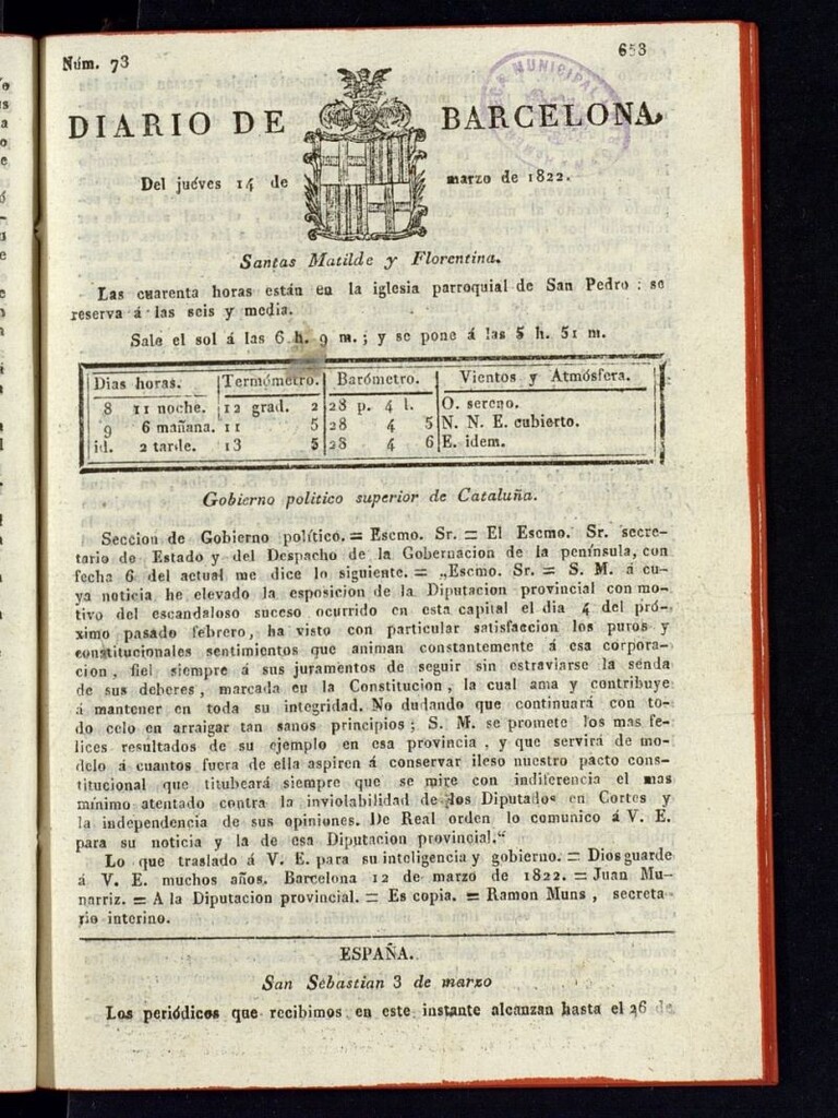 Miniatura de Diario de Barcelona del 14 de marzo de 1822