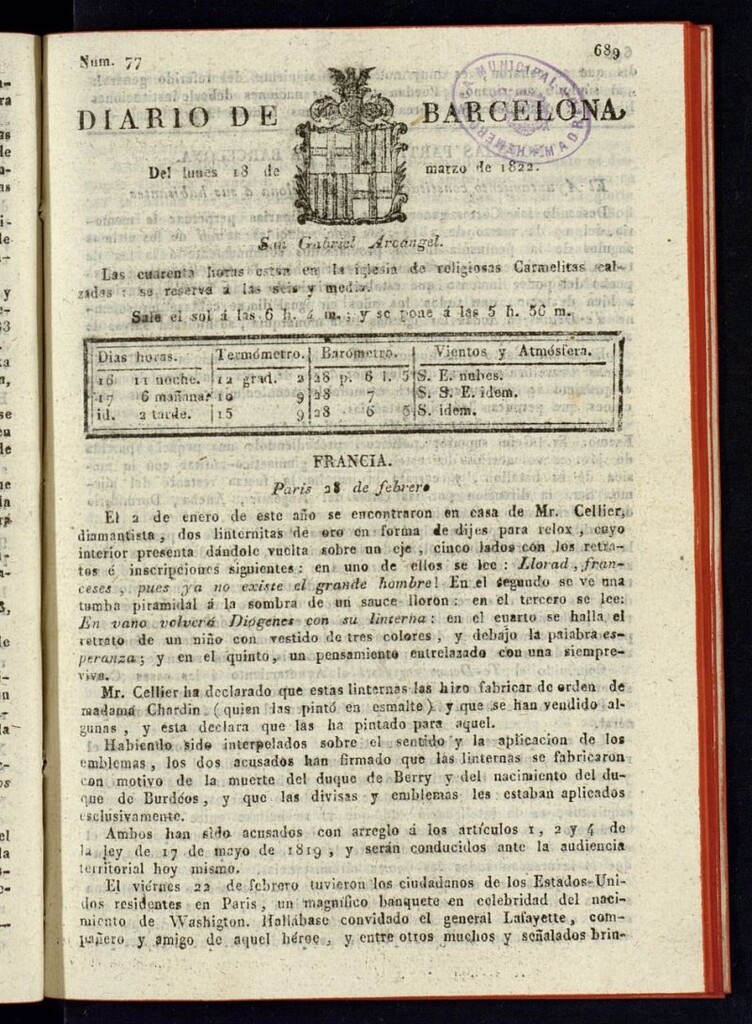 Miniatura de Diario de Barcelona del 18 de marzo de 1822