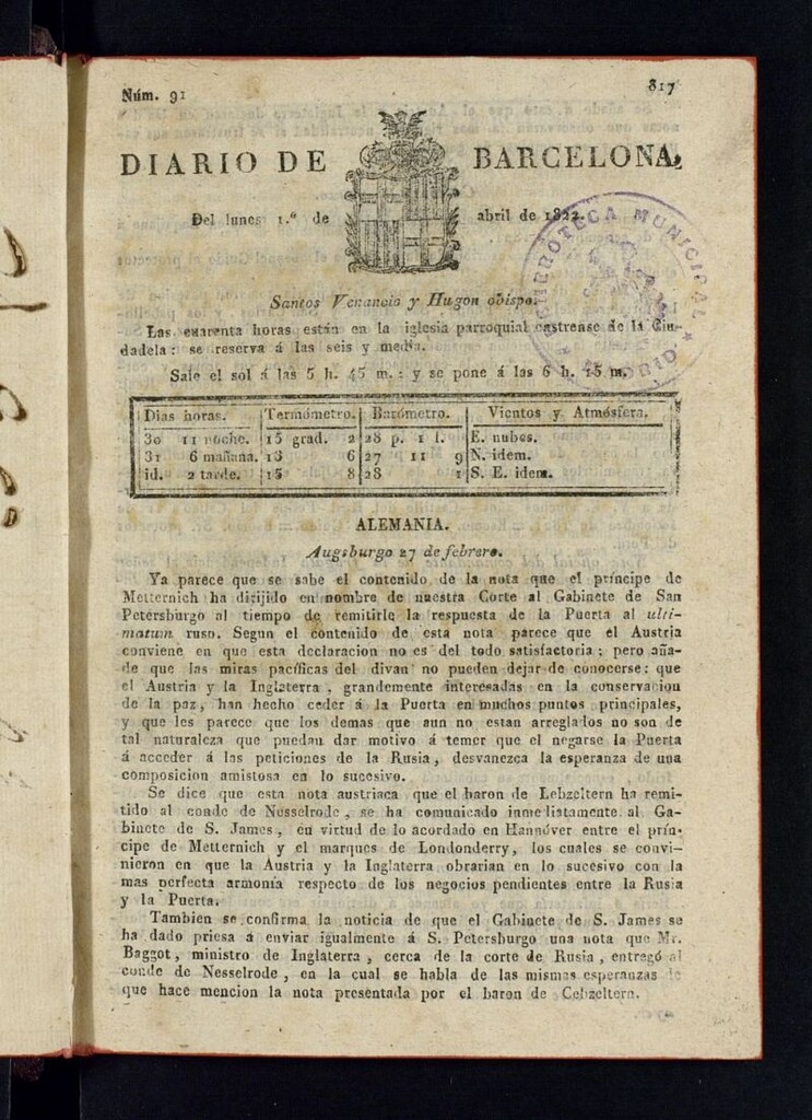 Miniatura de Diario de Barcelona del 1 de abril de 1822