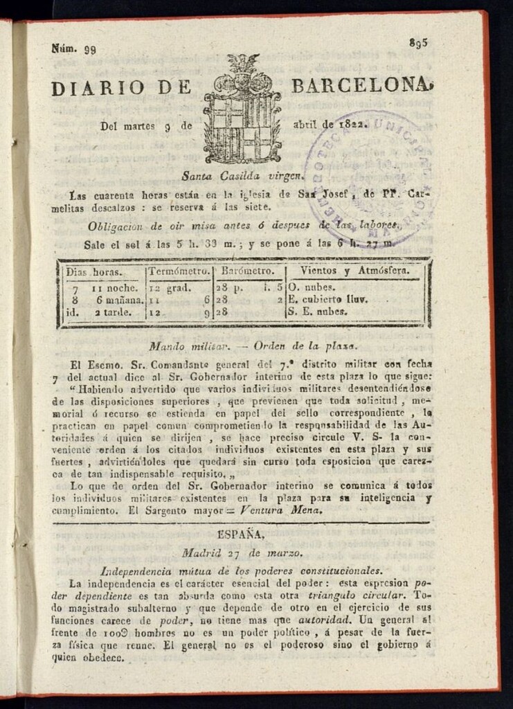 Miniatura de Diario de Barcelona del 9 de abril de 1822