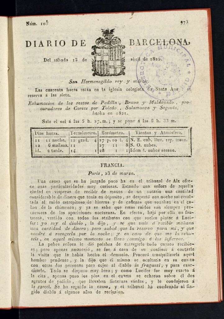 Miniatura de Diario de Barcelona del 13 de abril de 1822