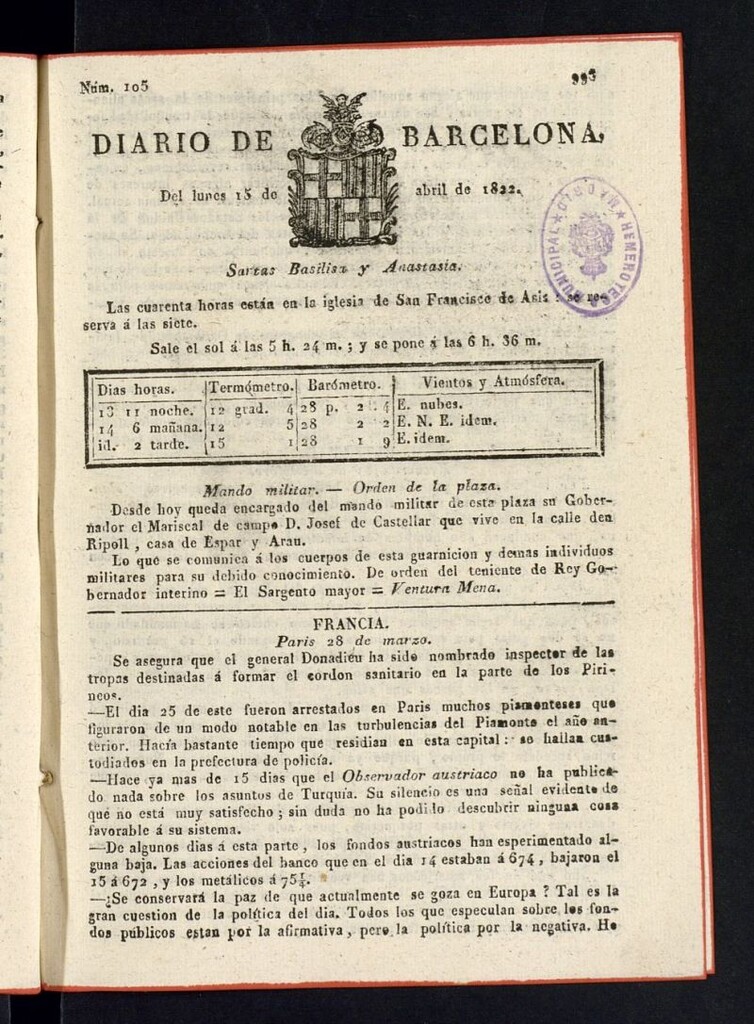 Miniatura de Diario de Barcelona del 15 de abril de 1822