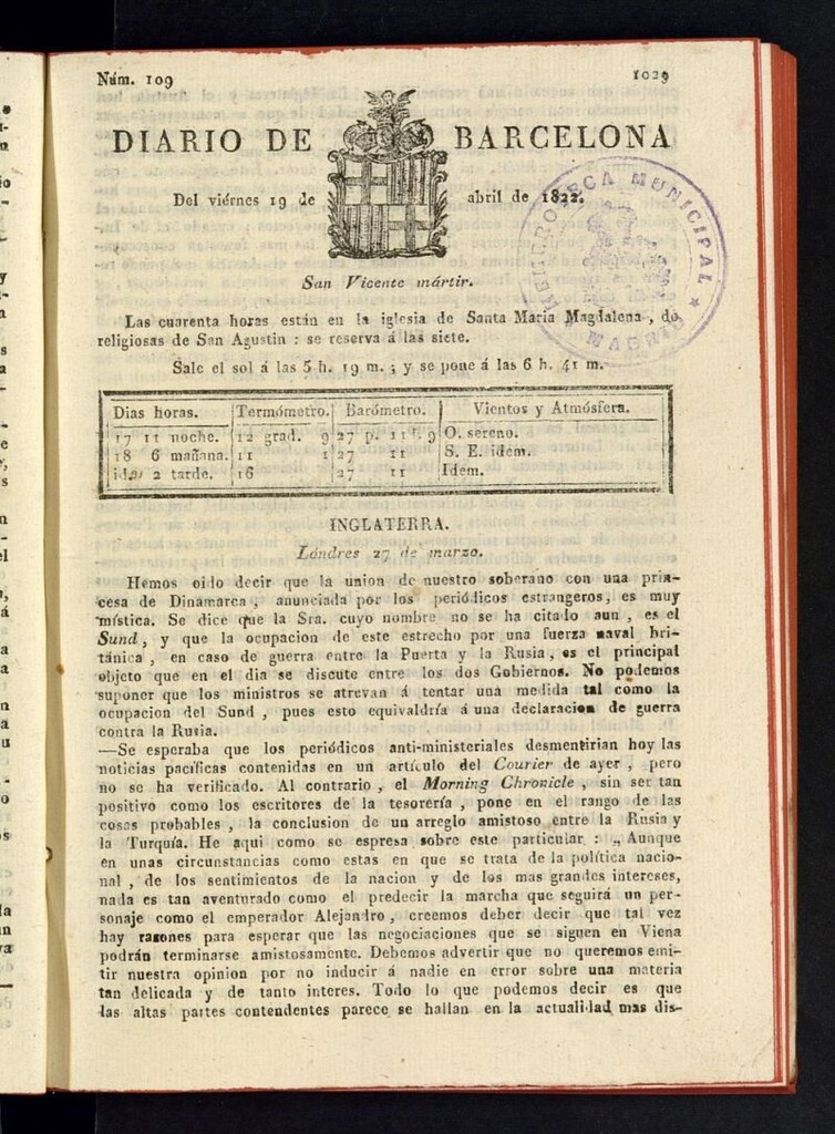 Miniatura de Diario de Barcelona del 19 de abril de 1822