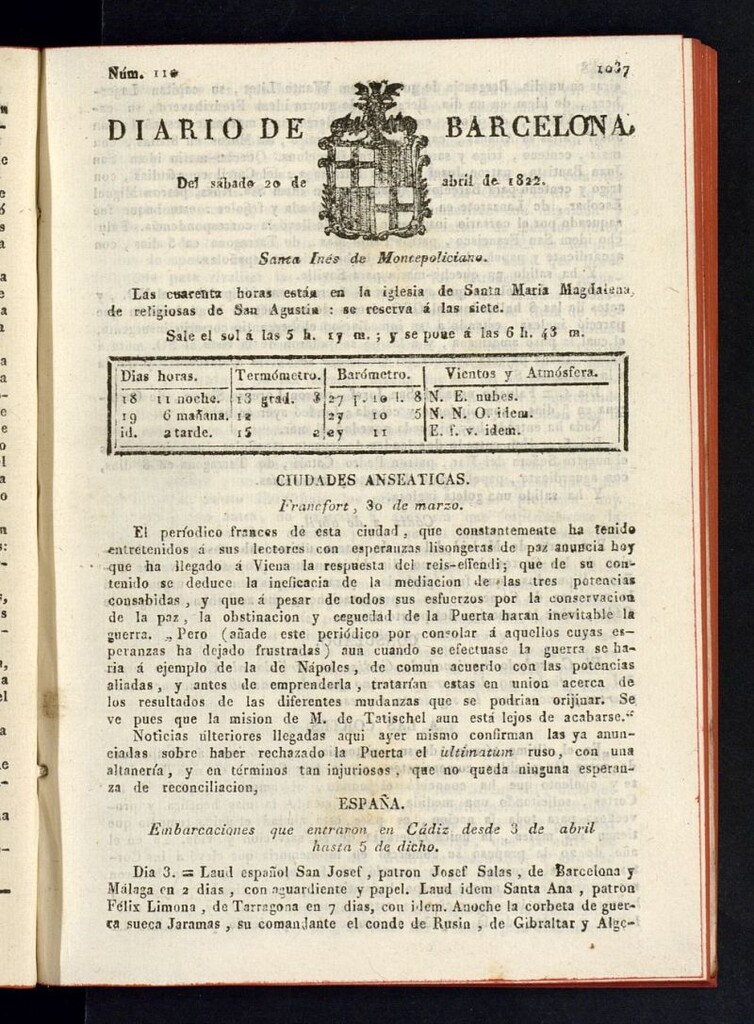 Miniatura de Diario de Barcelona del 20 de abril de 1822