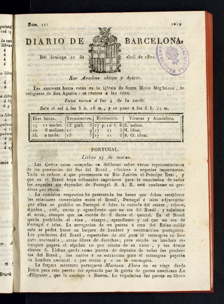 Miniatura de Diario de Barcelona del 21 de abril de 1822
