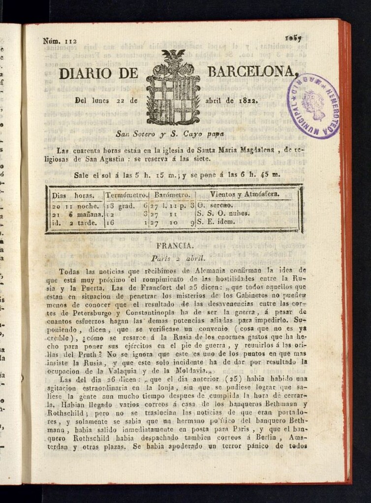 Miniatura de Diario de Barcelona del 22 de abril de 1822