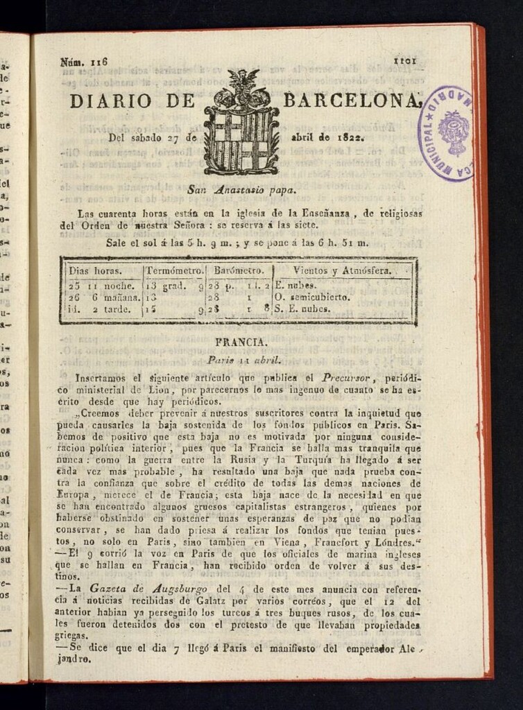 Miniatura de Diario de Barcelona del 27 de abril de 1822