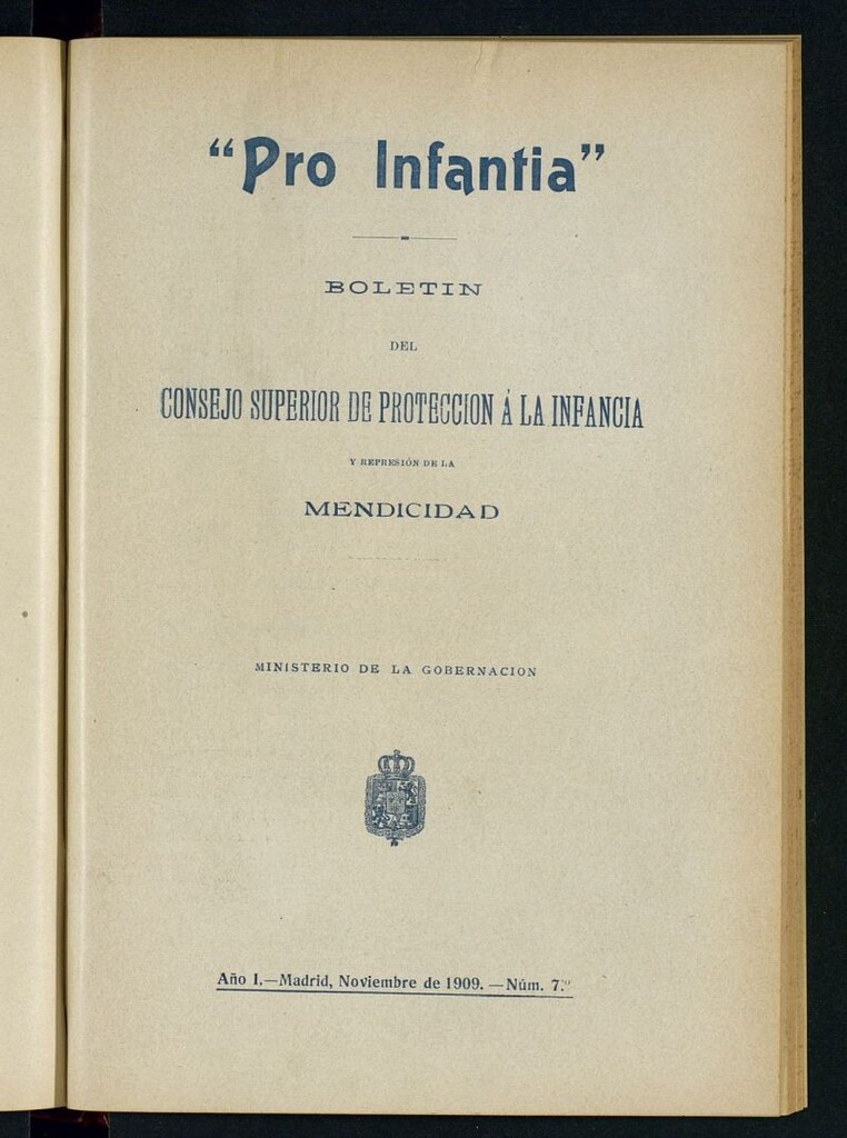 Miniatura de Pro Infantia : boletín del Consejo Superior de Protección a la Infancia y Represión de la Mendicidad de noviembre de 1909
