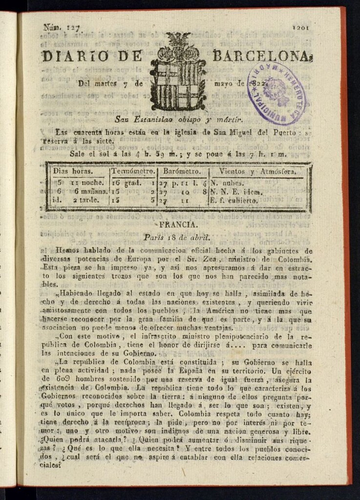 Miniatura de Diario de Barcelona del 7 de mayo de 1822
