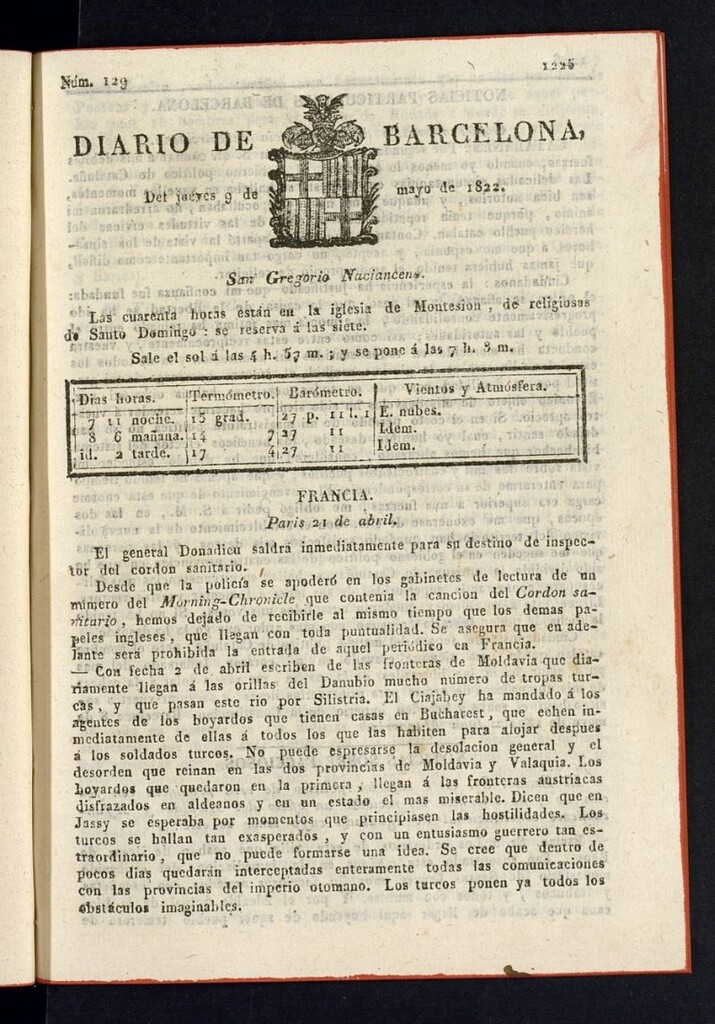 Miniatura de Diario de Barcelona del 9 de mayo de 1822