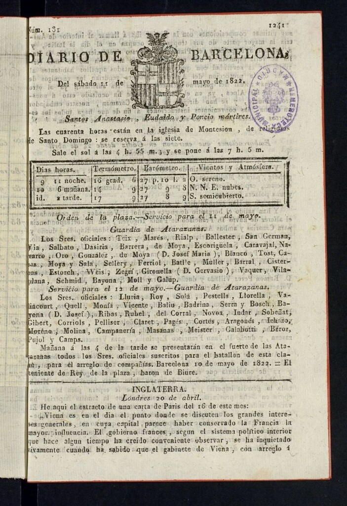 Miniatura de Diario de Barcelona del 11 de mayo de 1822