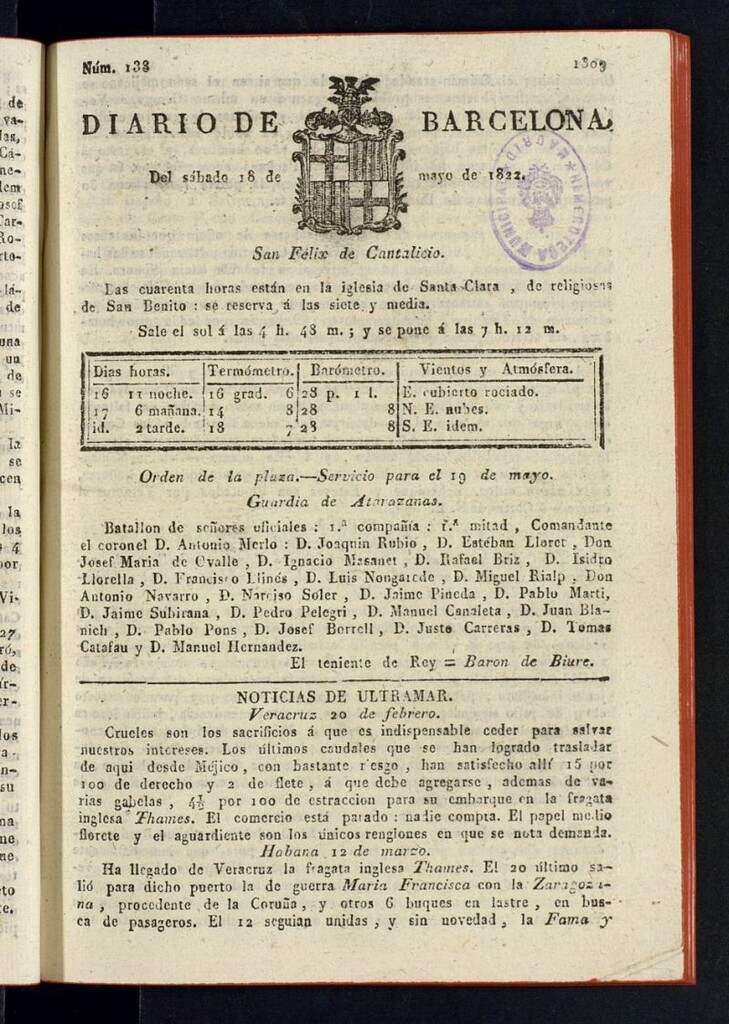 Miniatura de Diario de Barcelona del 18 de mayo de 1822