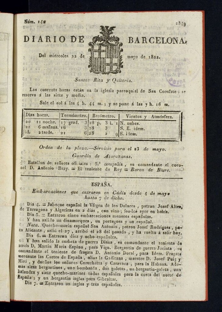 Miniatura de Diario de Barcelona del 22 de mayo de 1822