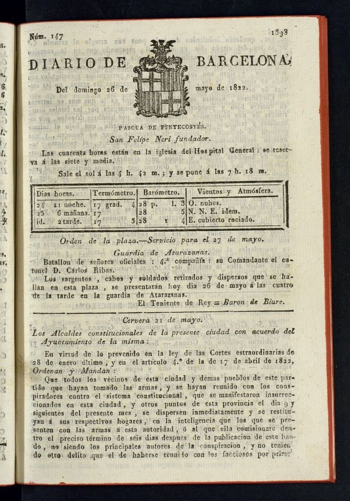 Miniatura de Diario de Barcelona del 26 de mayo de 1822