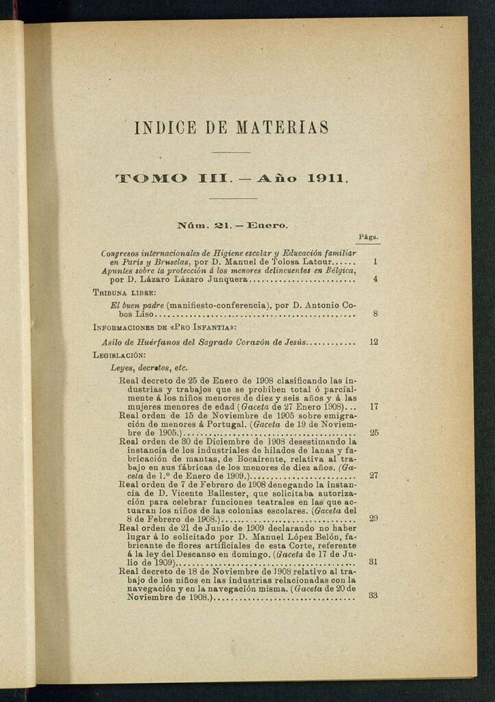 Miniatura de Pro Infantia : boletín del Consejo Superior de Protección a la Infancia y Represión de la Mendicidad de 1911. Índices