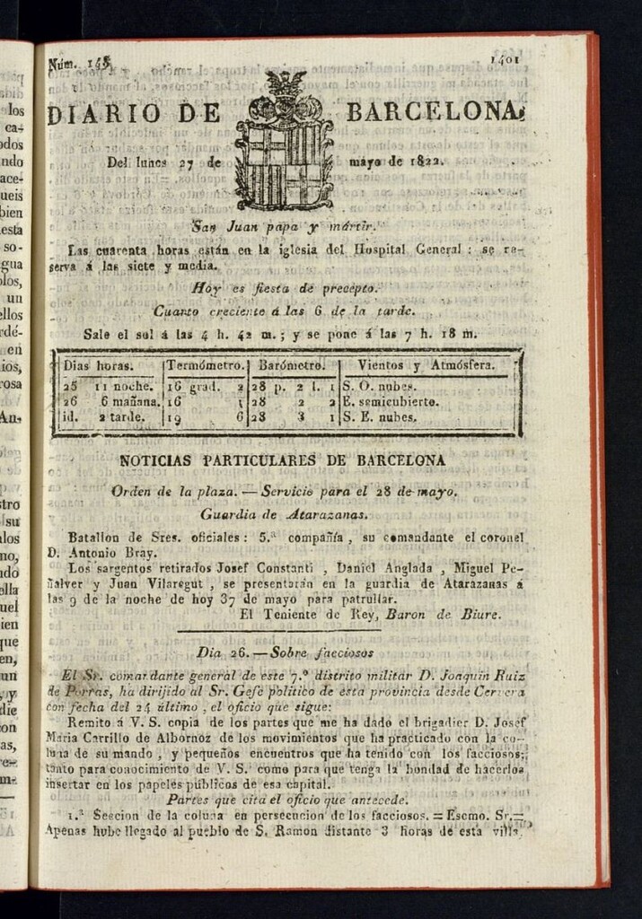 Miniatura de Diario de Barcelona del 27 de mayo de 1822