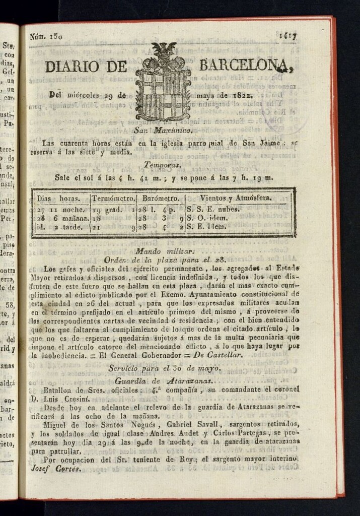 Miniatura de Diario de Barcelona del 29 de mayo de 1822