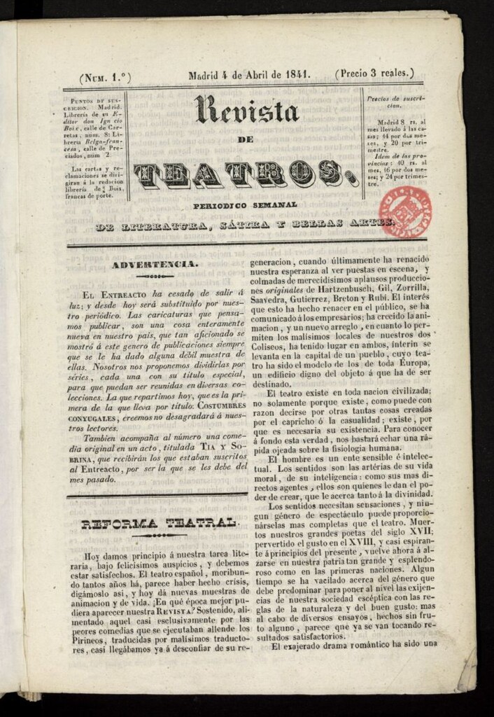 Miniatura de Revista de teatros: periodico semanal de literatura, sátira y bellas artes