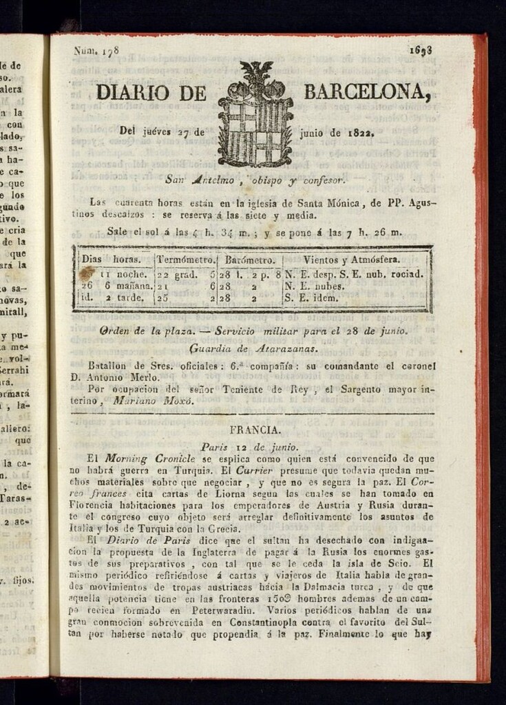 Miniatura de Diario de Barcelona del 27 de junio de 1822