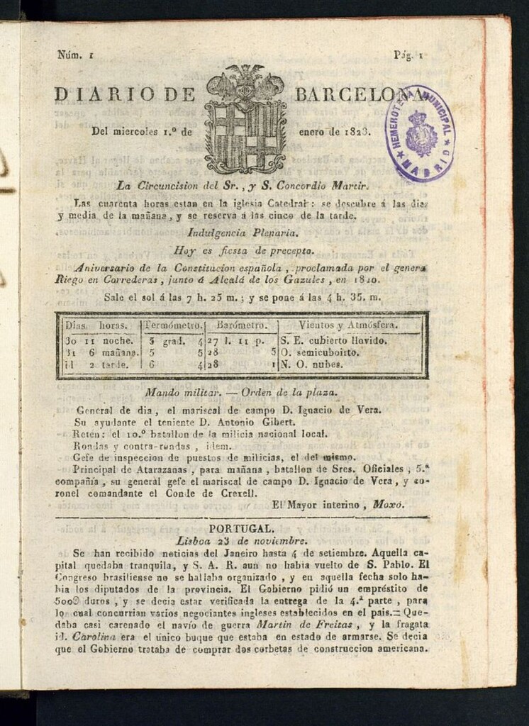 Miniatura de Diario de Barcelona del 1 de enero de 1823