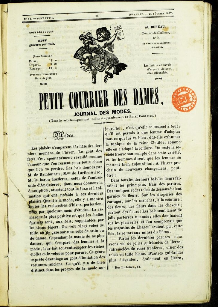 Miniatura de Petit Courrier des Dames : annonces des modes, des nouveautés et des arts del 25 de Febrero de 1837