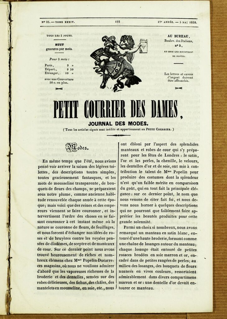 Miniatura de Petit Courrier des Dames : annonces des modes, des nouveautés et des arts del 5 de Mayo de 1838