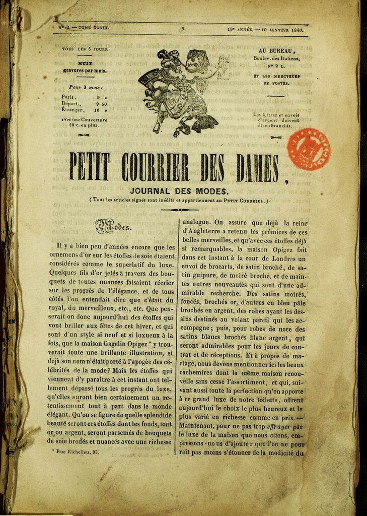 Miniatura de Petit Courrier des Dames : annonces des modes, des nouveautés et des arts del 10 de Enero de 1840