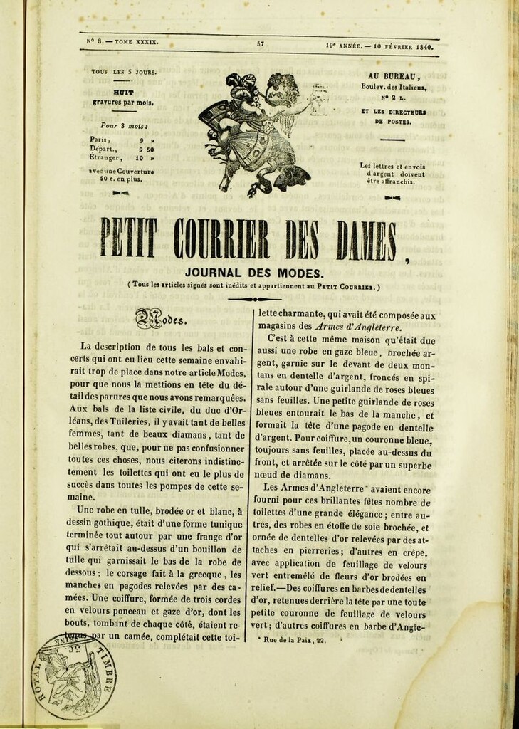 Miniatura de Petit Courrier des Dames : annonces des modes, des nouveautés et des arts del 10 de Febrero de 1840