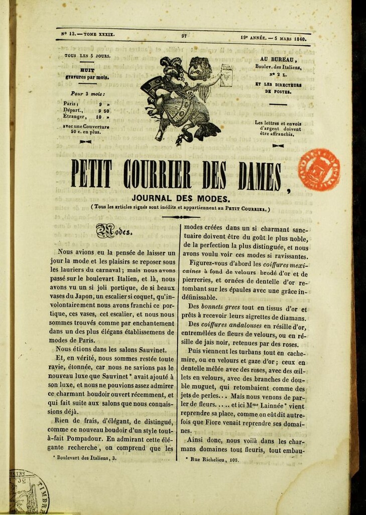 Miniatura de Petit Courrier des Dames : annonces des modes, des nouveautés et des arts del 5 de Marzo de 1840
