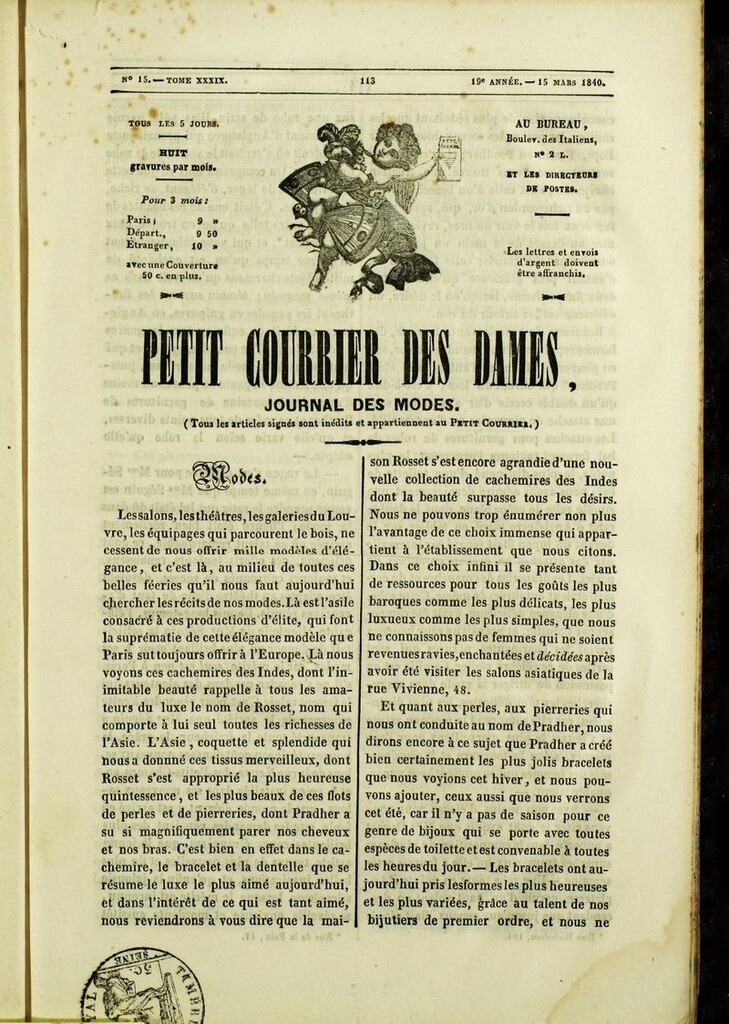 Miniatura de Petit Courrier des Dames : annonces des modes, des nouveautés et des arts del 15 de Marzo de 1840