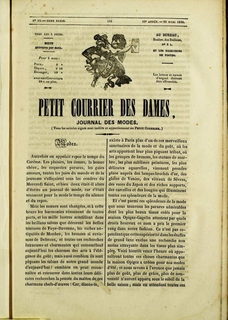 Miniatura de Petit Courrier des Dames : annonces des modes, des nouveautés et des arts del 20 de Marzo de 1840